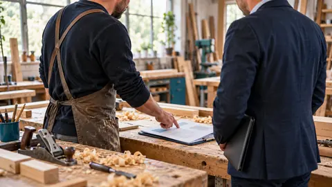 Artisan relisant son contrat d'assurance dans son atelier