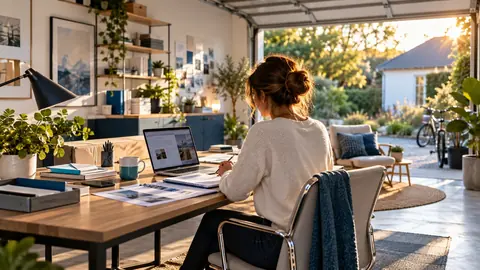 Professionnelle travaillant dans un bureau au rez-de-chaussée de son domicile