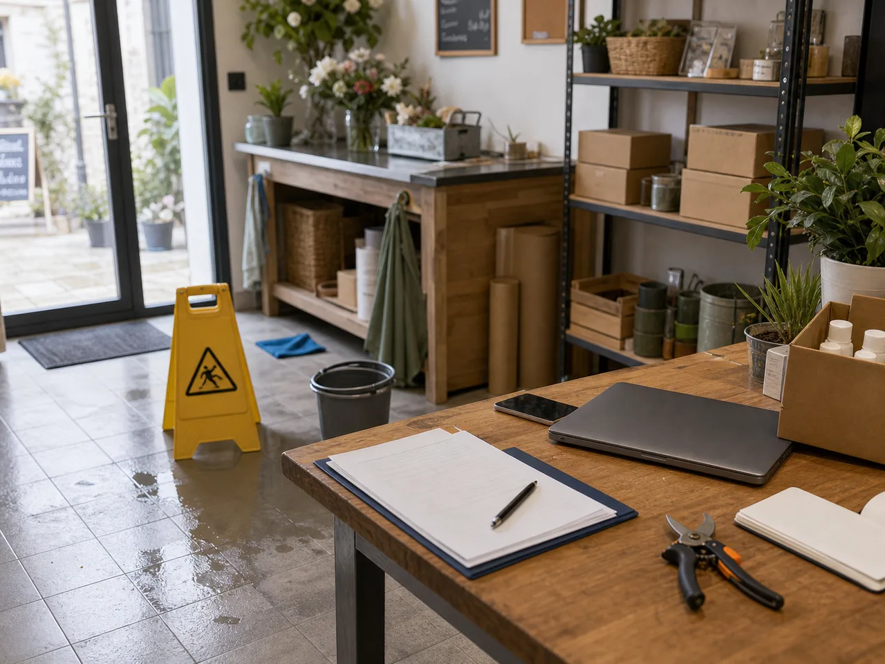 Petit local professionnel après un incident mineur avec documents de sinistre
