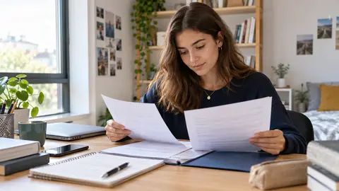 Étudiante préparant les documents de stage et d’assurance