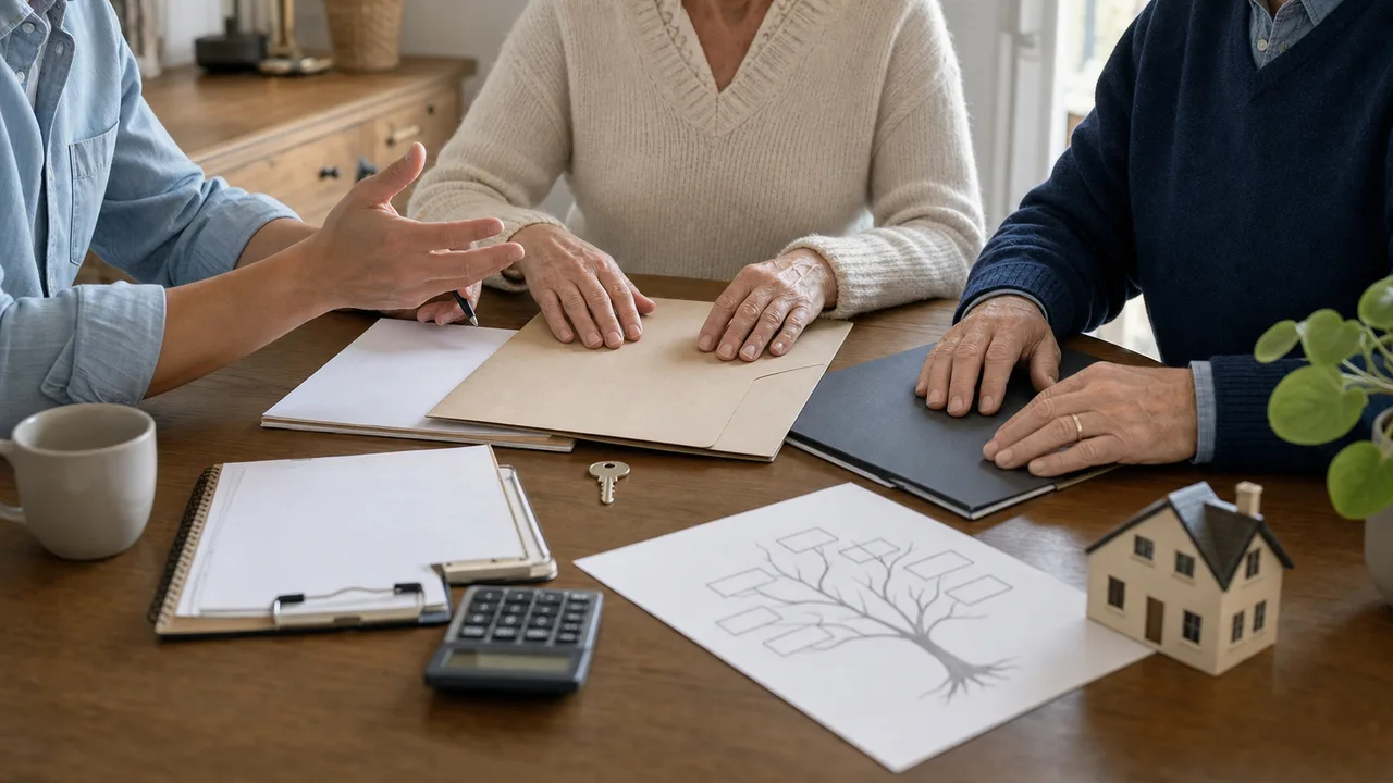 Famille révisant des documents de transmission et une clause bénéficiaire