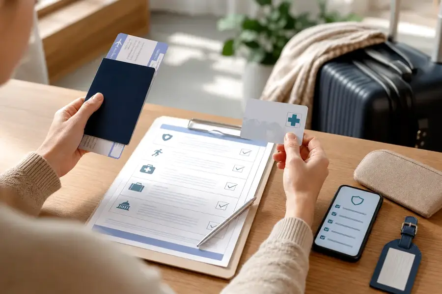 checklist de départ avec assurance voyage et carte médicale