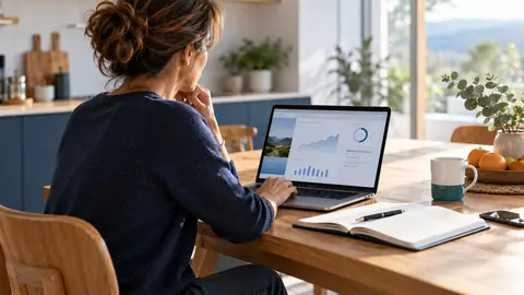 Femme consultant son contrat d'assurance vie à la maison sur un ordinateur portable