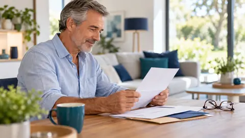 Homme de plus de 70 ans relisant les documents d'un contrat d'épargne