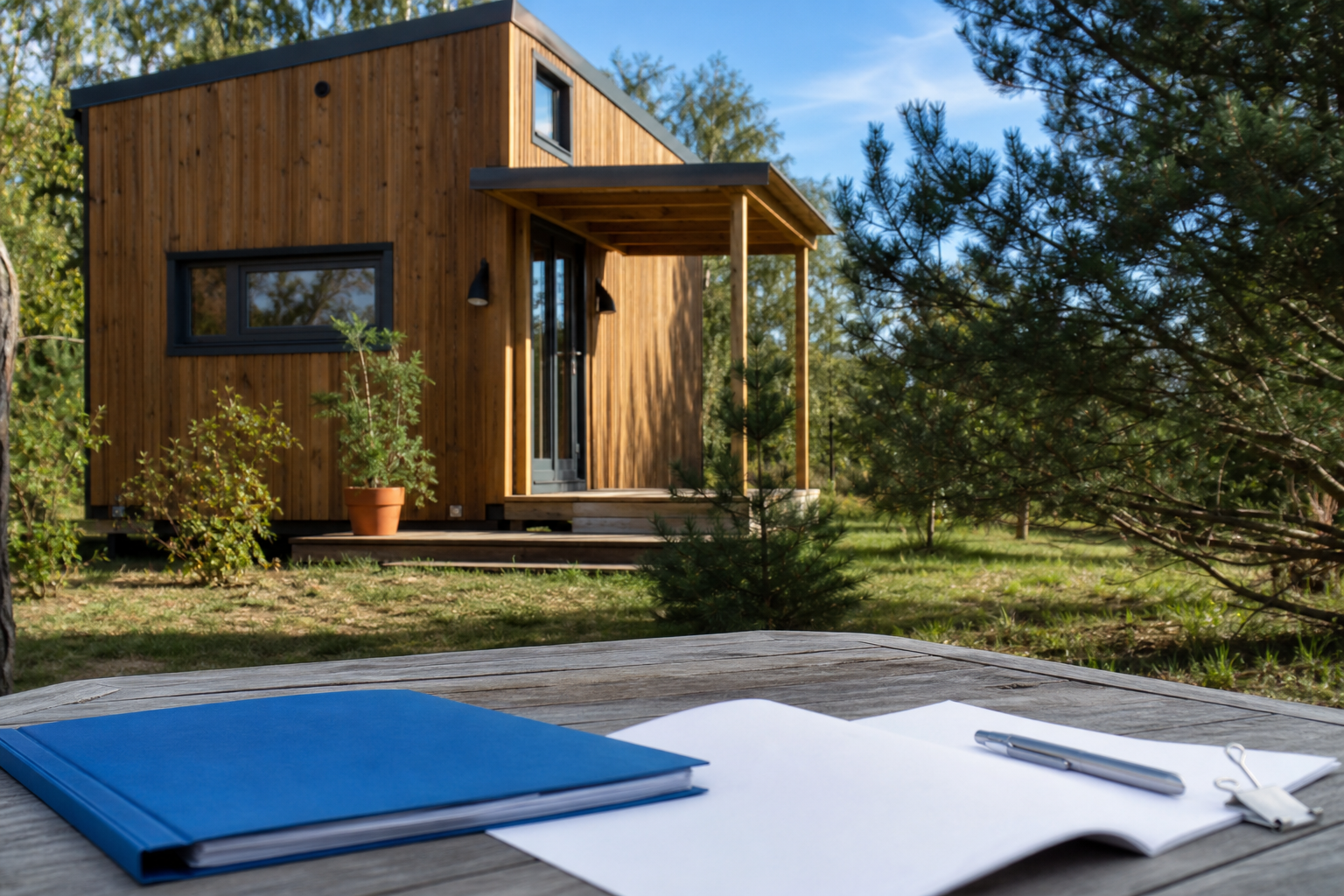 Habitation légère en bois avec dossier d’assurance posé sur une table