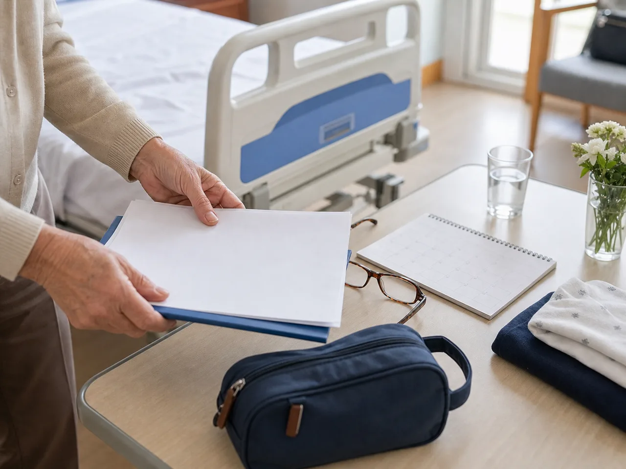 Préparation de documents après une hospitalisation avec sac et lunettes
