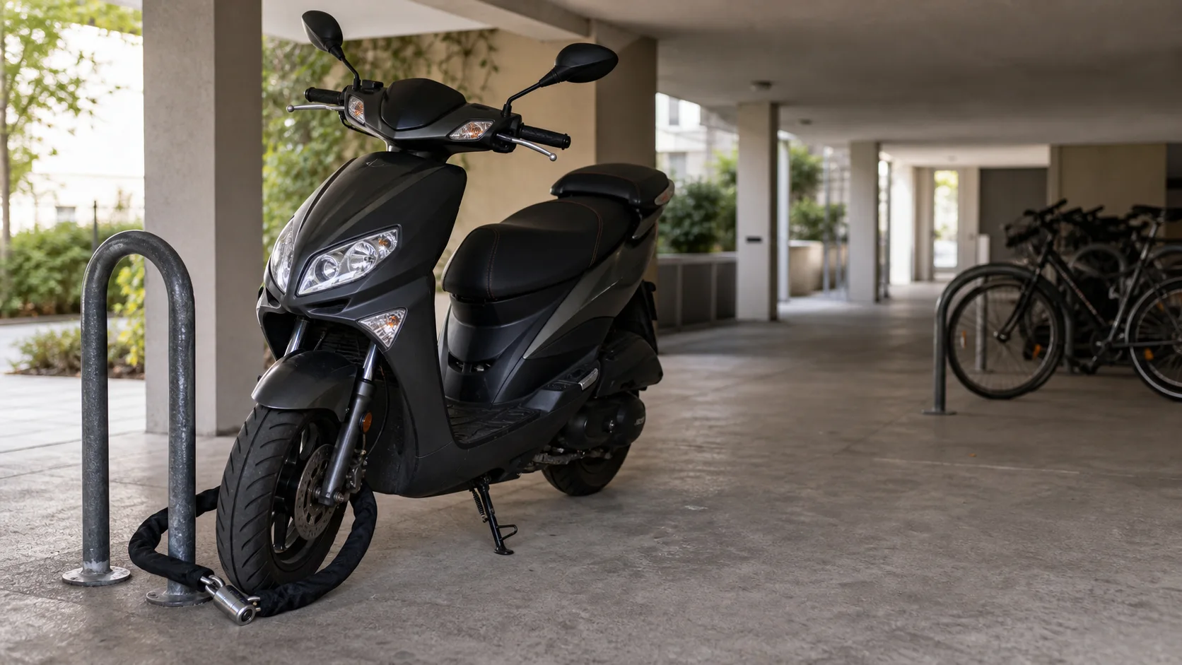Scooter stationné avec antivol dans un parking couvert