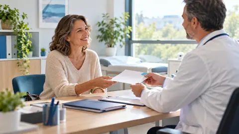 Patiente recevant une attestation médicale de fin de protocole