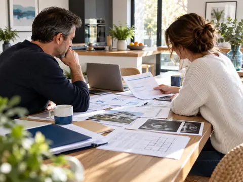 Couple relisant des documents de prêt immobilier et des relevés médicaux